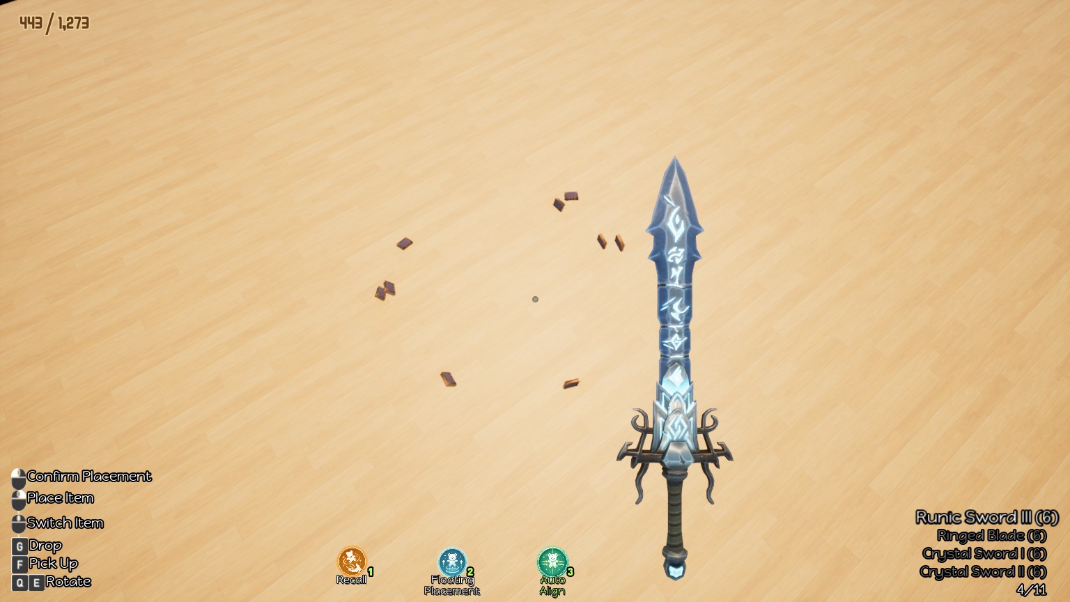 A large void that is coloured beige, with several books floating around. The player is holding a blue sword with runes patterned over the blade.