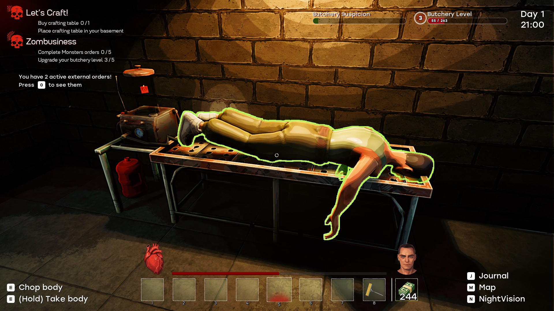 Video game screenshot of a corpse on a morgue table in a dark stone room, outlined in red, with zombie-surgery objectives and inventory UI.
