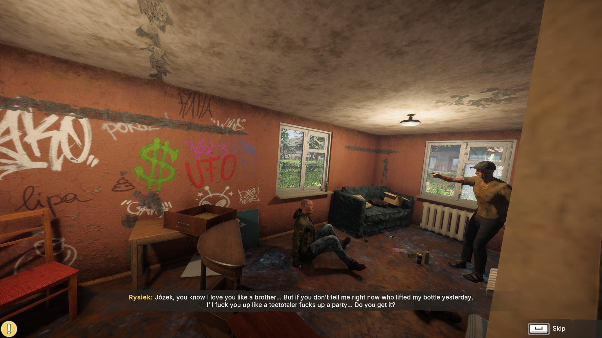 Two men are in a cluttered, graffiti-covered room; one is sitting on the floor, and the other is standing and pointing aggressively. Dialog text appears at the bottom of the screen.