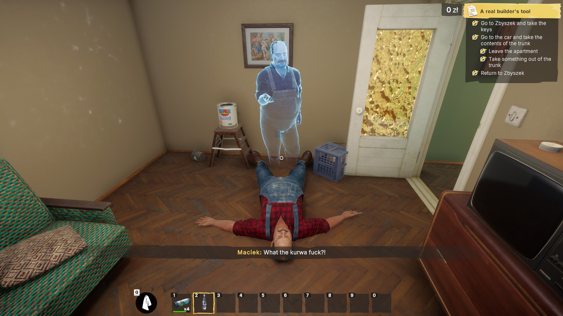 Video game screenshot of a body sprawled on a wooden floor as a glowing blue ghost stands nearby in a cluttered room