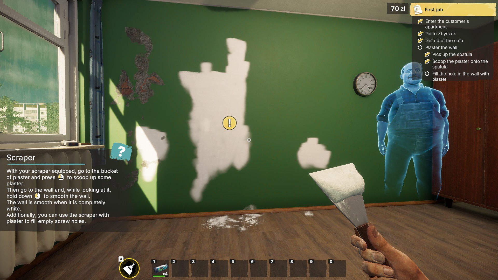 A first-person view of a video game shows a hand holding a scraper tool facing a green wall with white plaster patches, a task list, and a translucent blue guide figure.