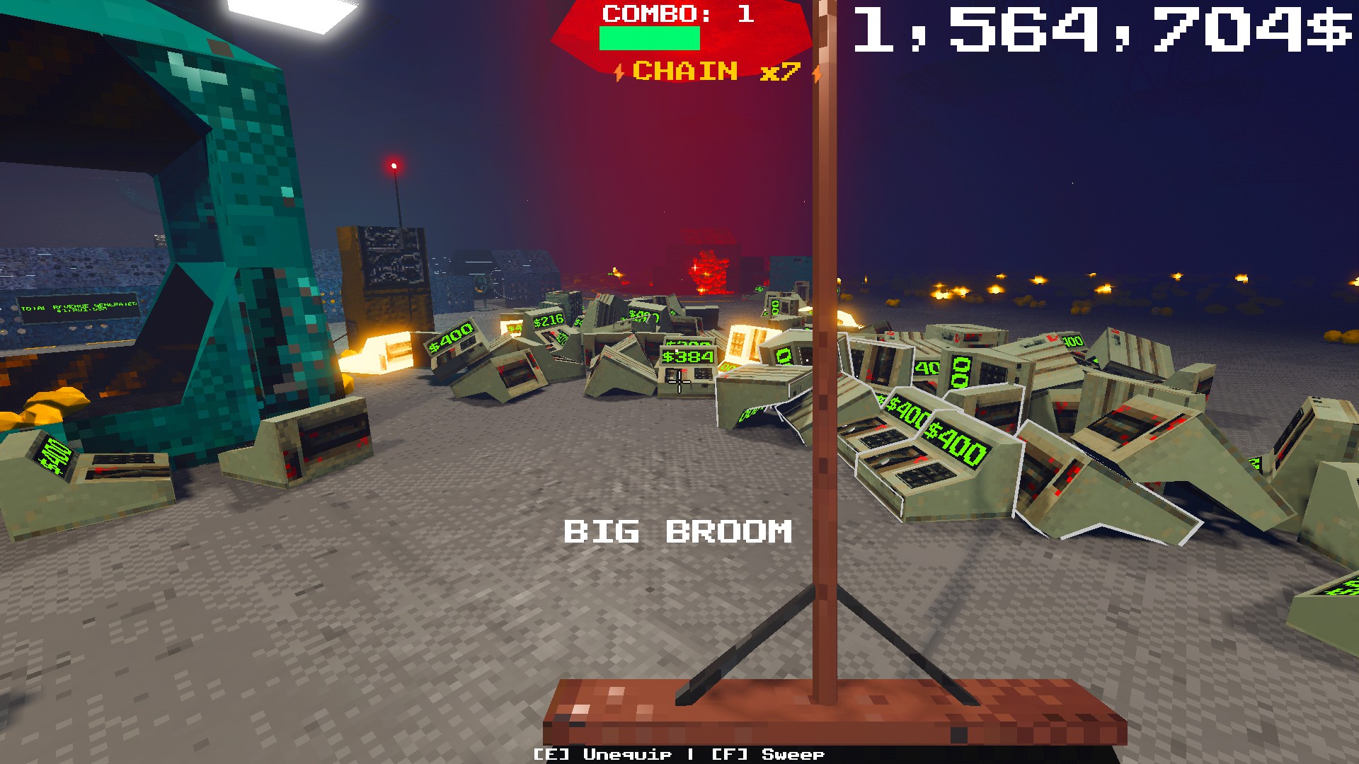 Large amounts of cash registers with various totals on their screens. The player is holding a broom. In the top left is a number showing how much they currently have to spend with.