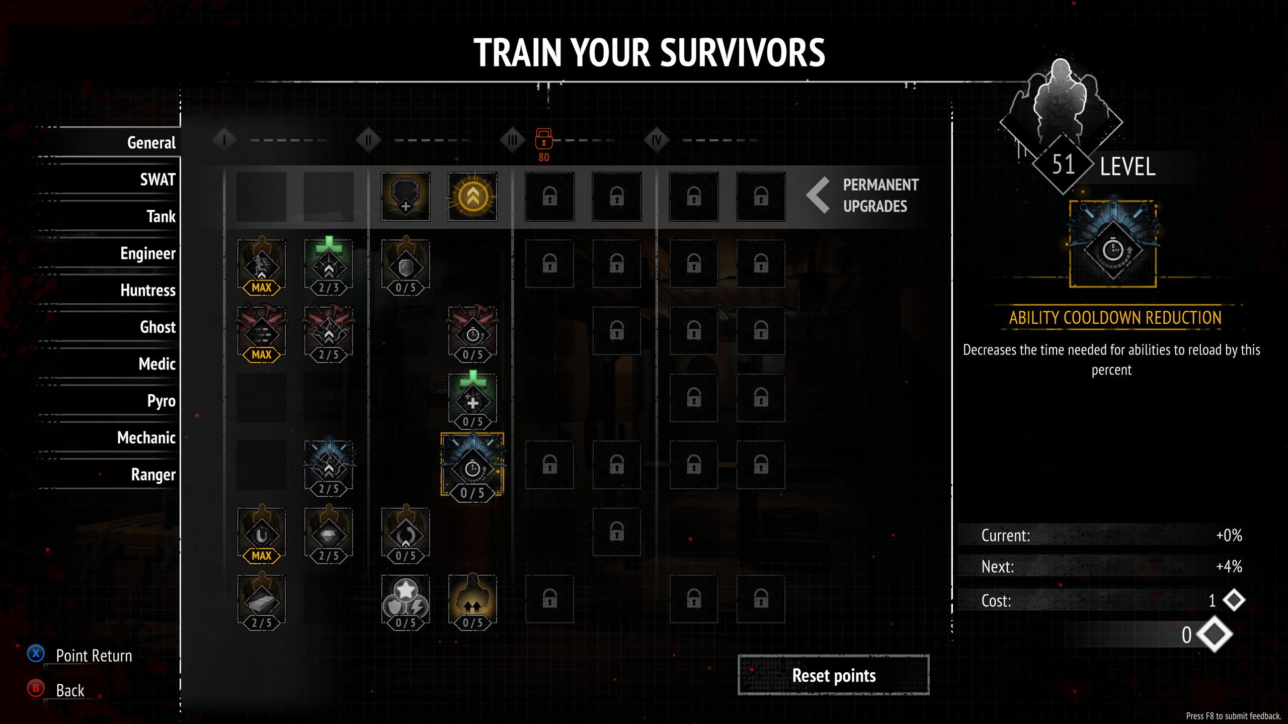 Skill tree screen for training survivors with various upgrade categories and a highlighted "Ability Cooldown Reduction" at level 51.