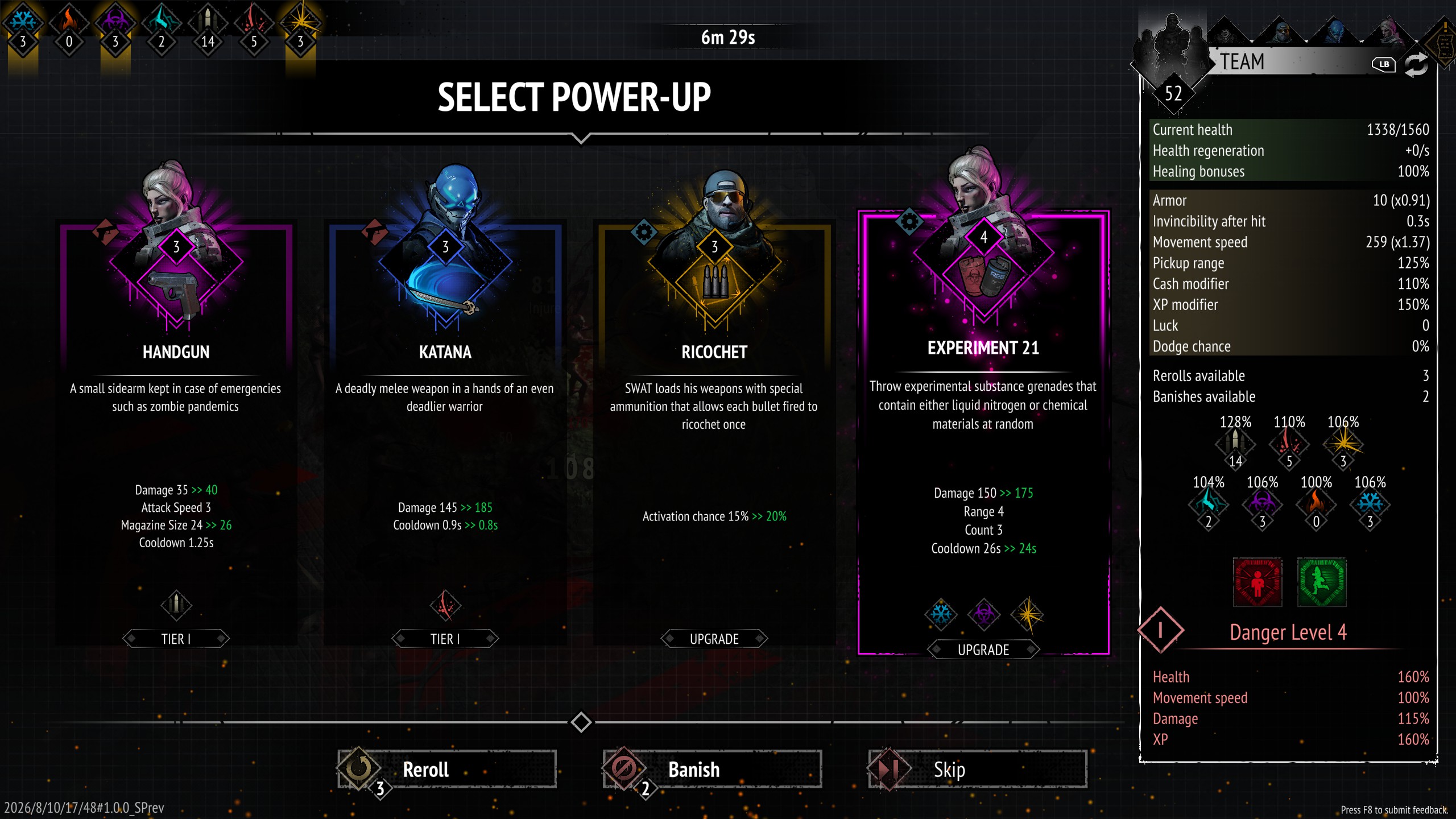 Game interface showing selection of four power-ups: Handgun, Katana, Ricochet, and Experiment 21, with stats and upgrade options visible.