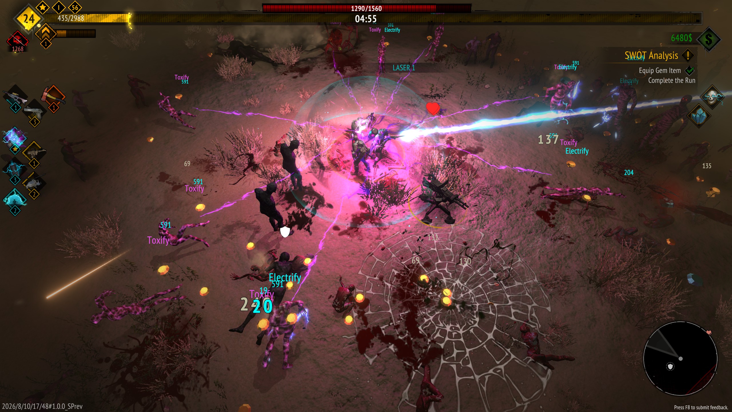 Top-down view of a character using a laser attack against multiple enemies in a dark, barren landscape with glowing effects.