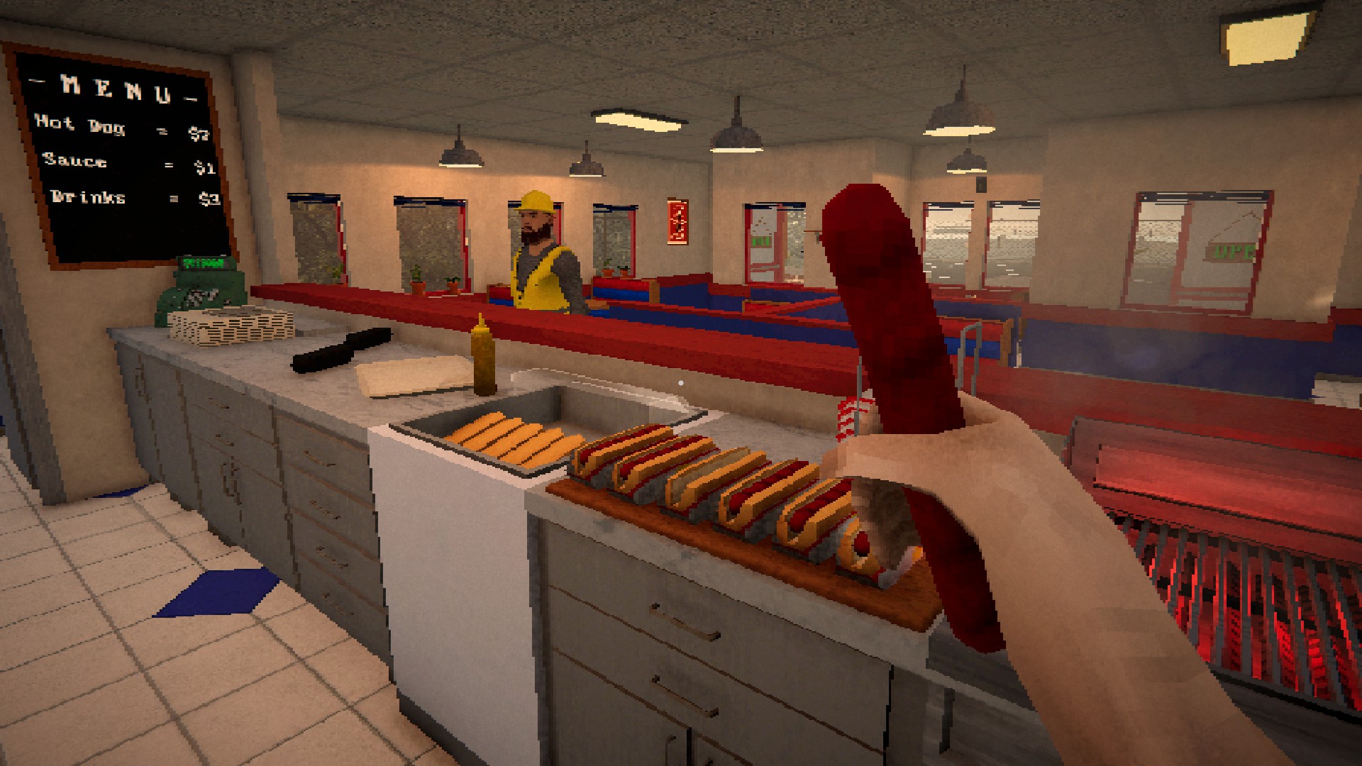 A restaurant with one customer waiting behind a counter. The player has several hot dogs prepped and is holding one wiener in his hand. Other items such as a sauce bottle and hot dog buns are seen in shot. 