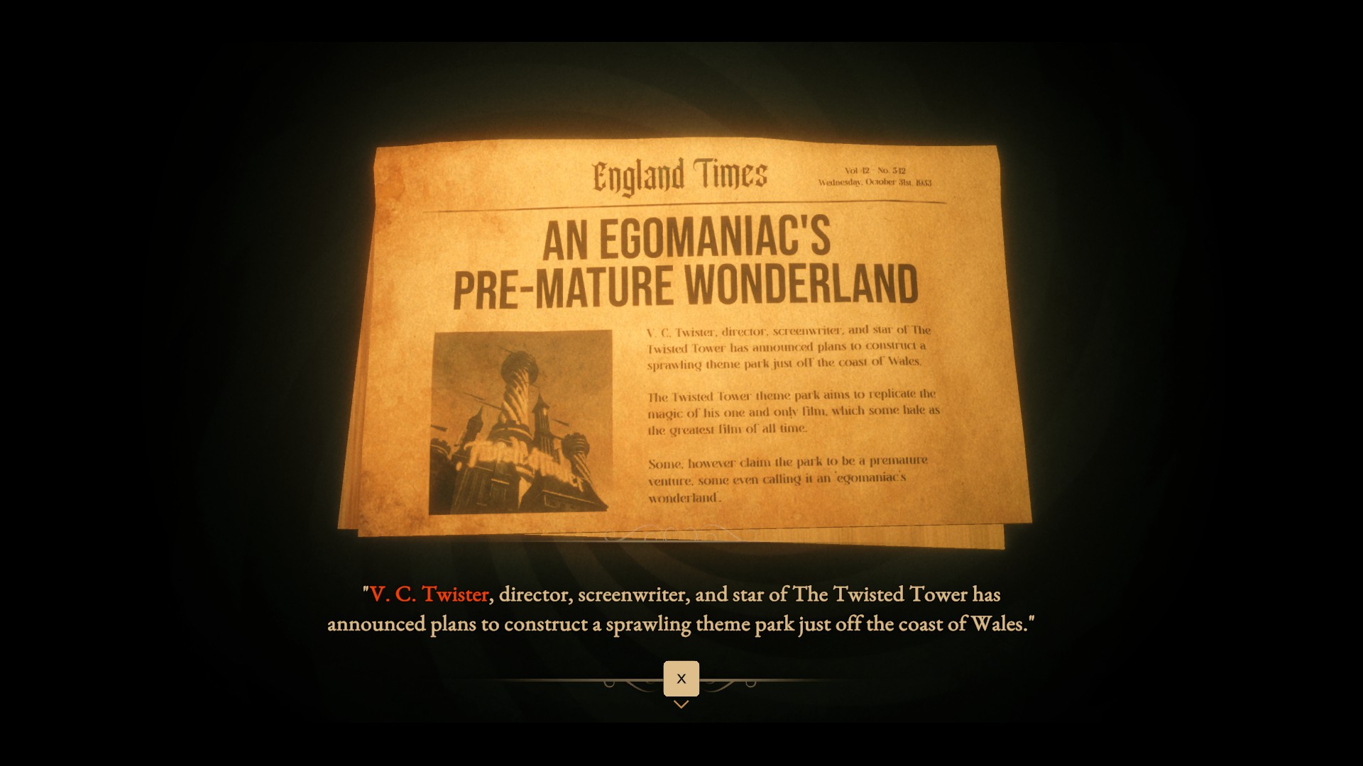 An old newspaper that is now tinted yellow. The subject font is in bold and reads "An egomanic's pre-mature wonderland"A photo is in the lower left side showing the towers from an upward shot.