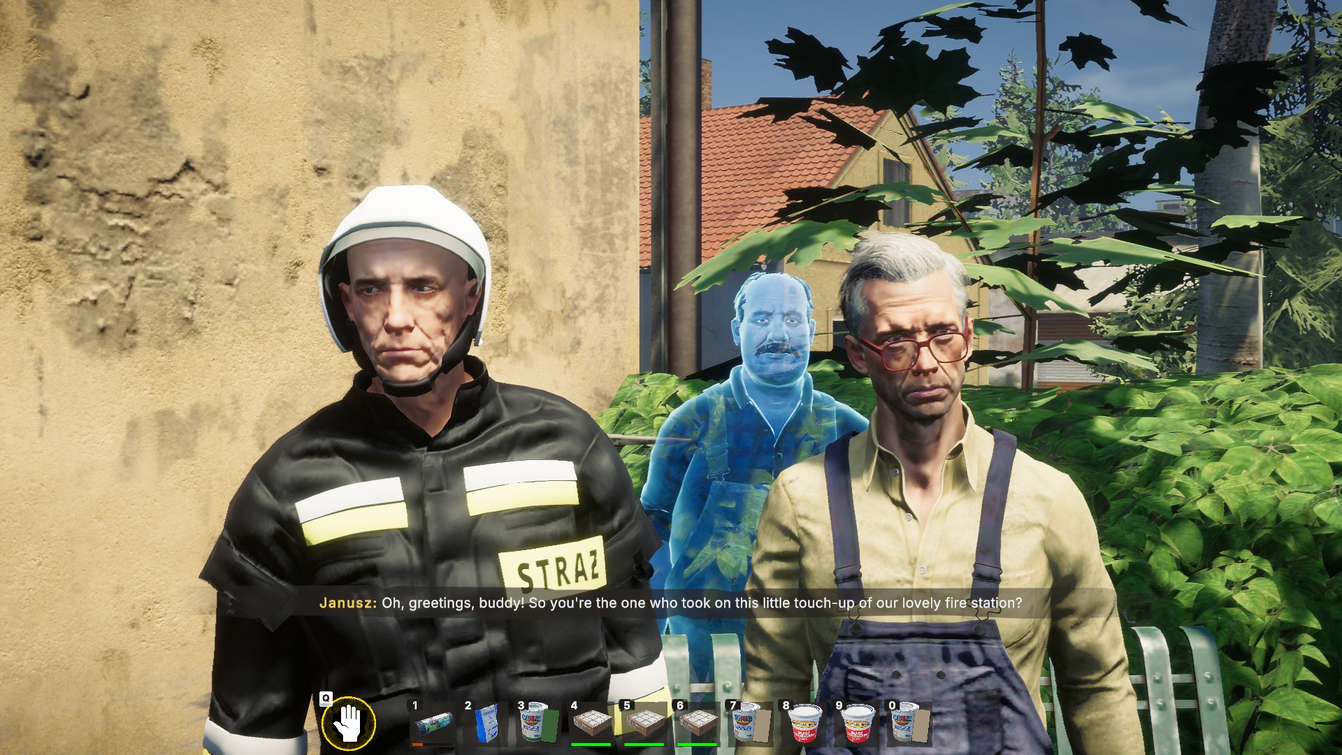 Video game screenshot of two men in a village: a stern firefighter in black gear and an older man with suspenders, with a blue figure behind them.
