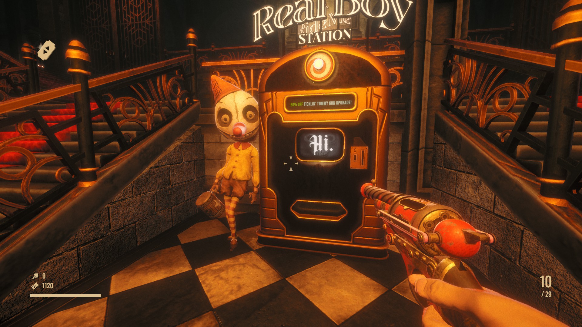 A person wearing a creepy snowman-like mask is leaning agains a machine called the Real Boy Station. The station display has the word hi on it. In the hand of the player is a pistol.