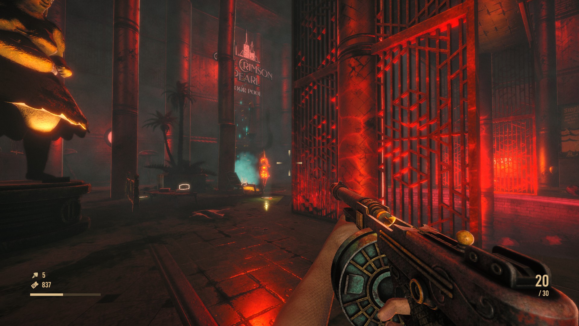 The player is fighting an enemy that is wearing a seahorse outfit. A massive grate wall is seen with red lights shining around.