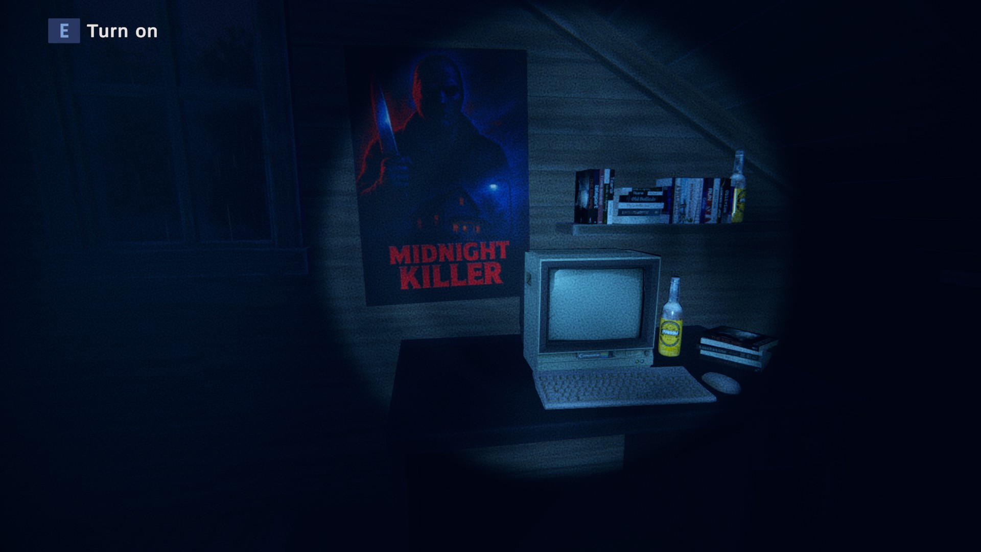An old school computer and a poster of a murderer wielding a knife, which acts as a poster for a movie title Midnight Killer. 