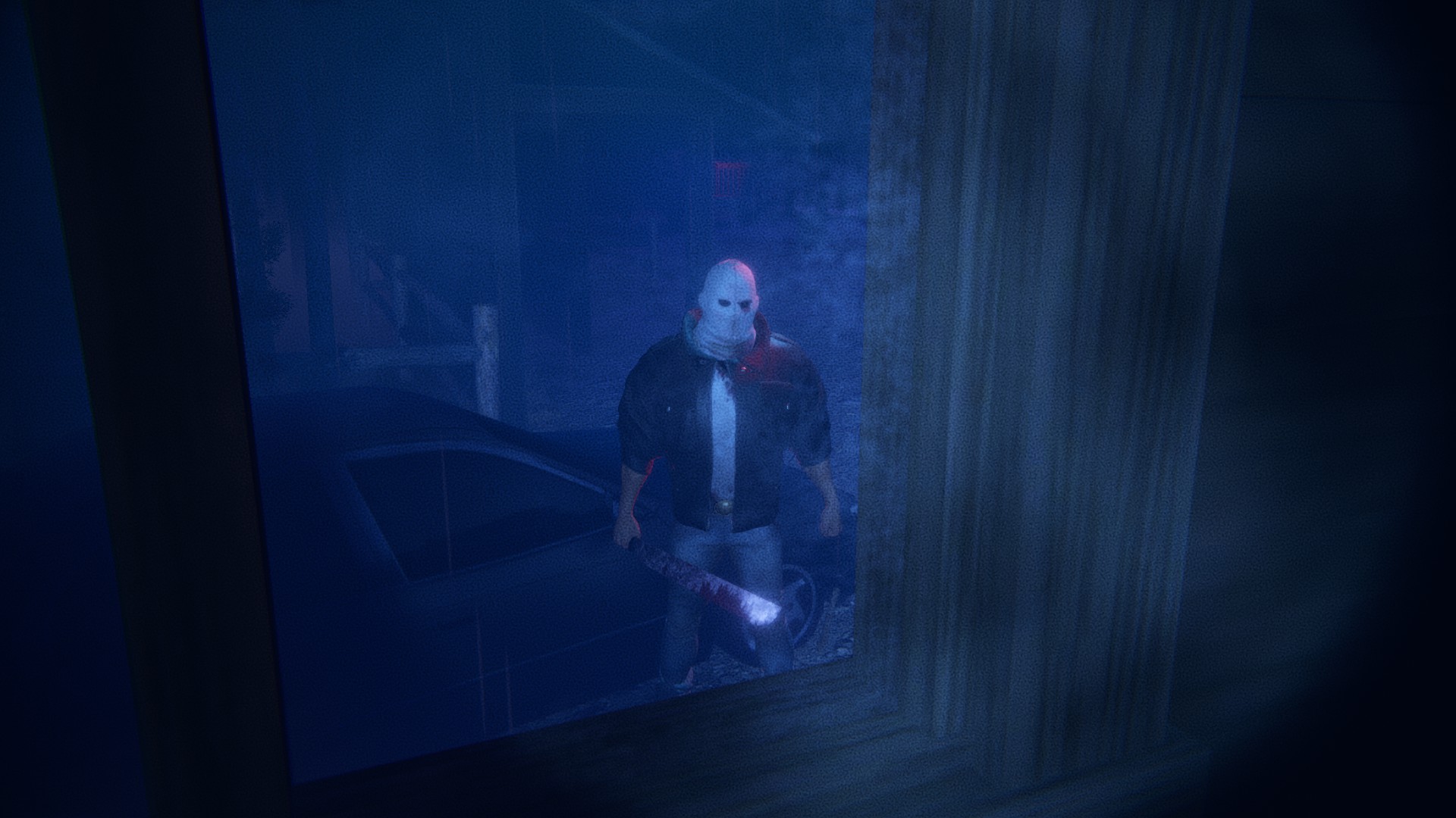 A man wearing a white mask and leather jacket is staring at the player. In his right hand is a machete partially covered in blood. He is also stood beside a car. 