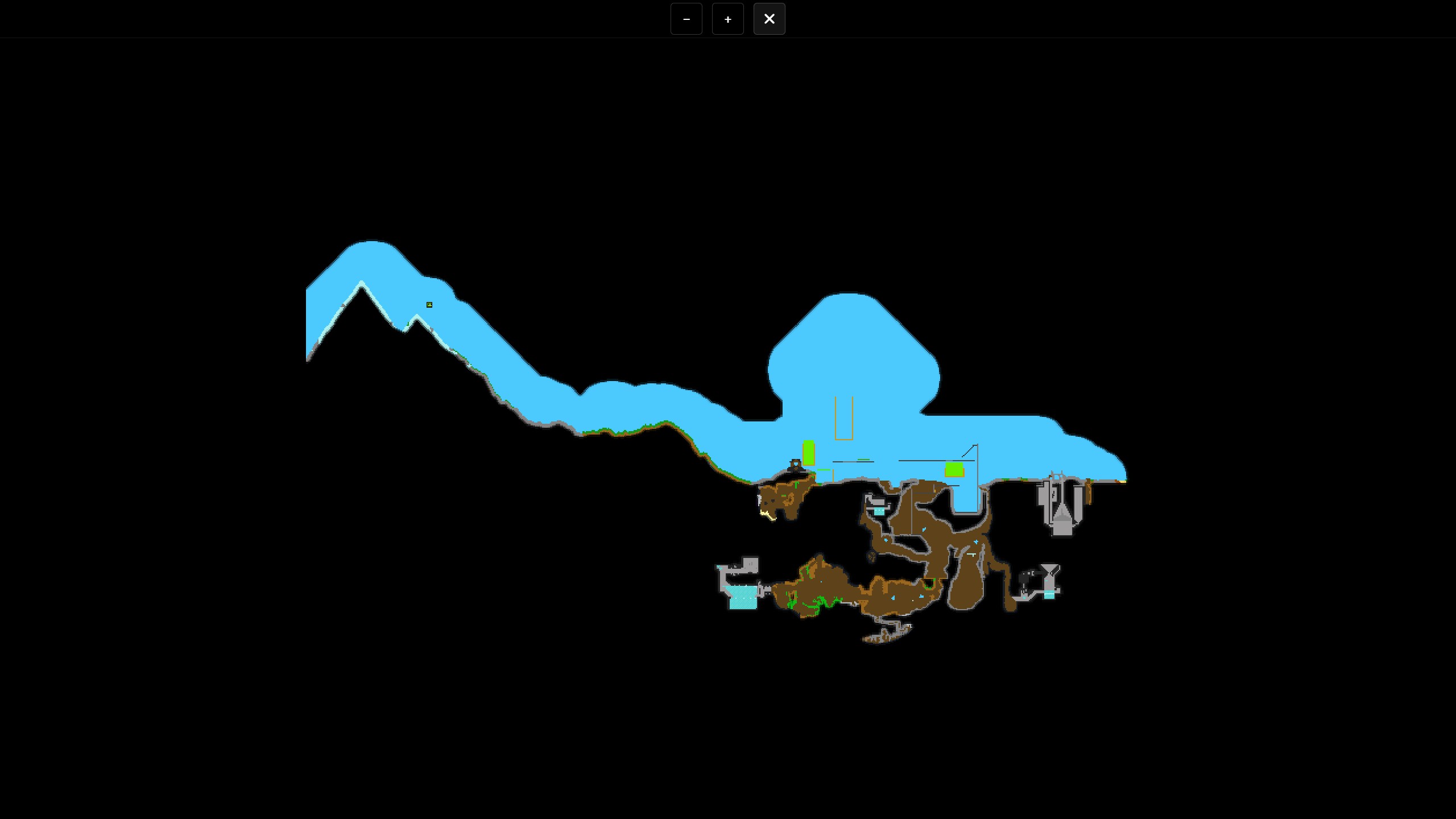 Map layout of a cave or tunnel system with blue water areas and brown underground paths on a black background.