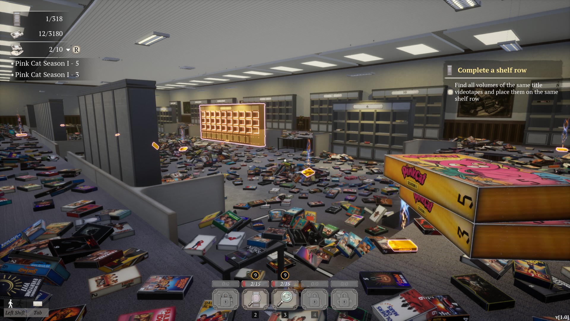 First-person video game view of a chaotic store, with books, games, and boxes scattered across the floor; shelves and task text frame the scene.