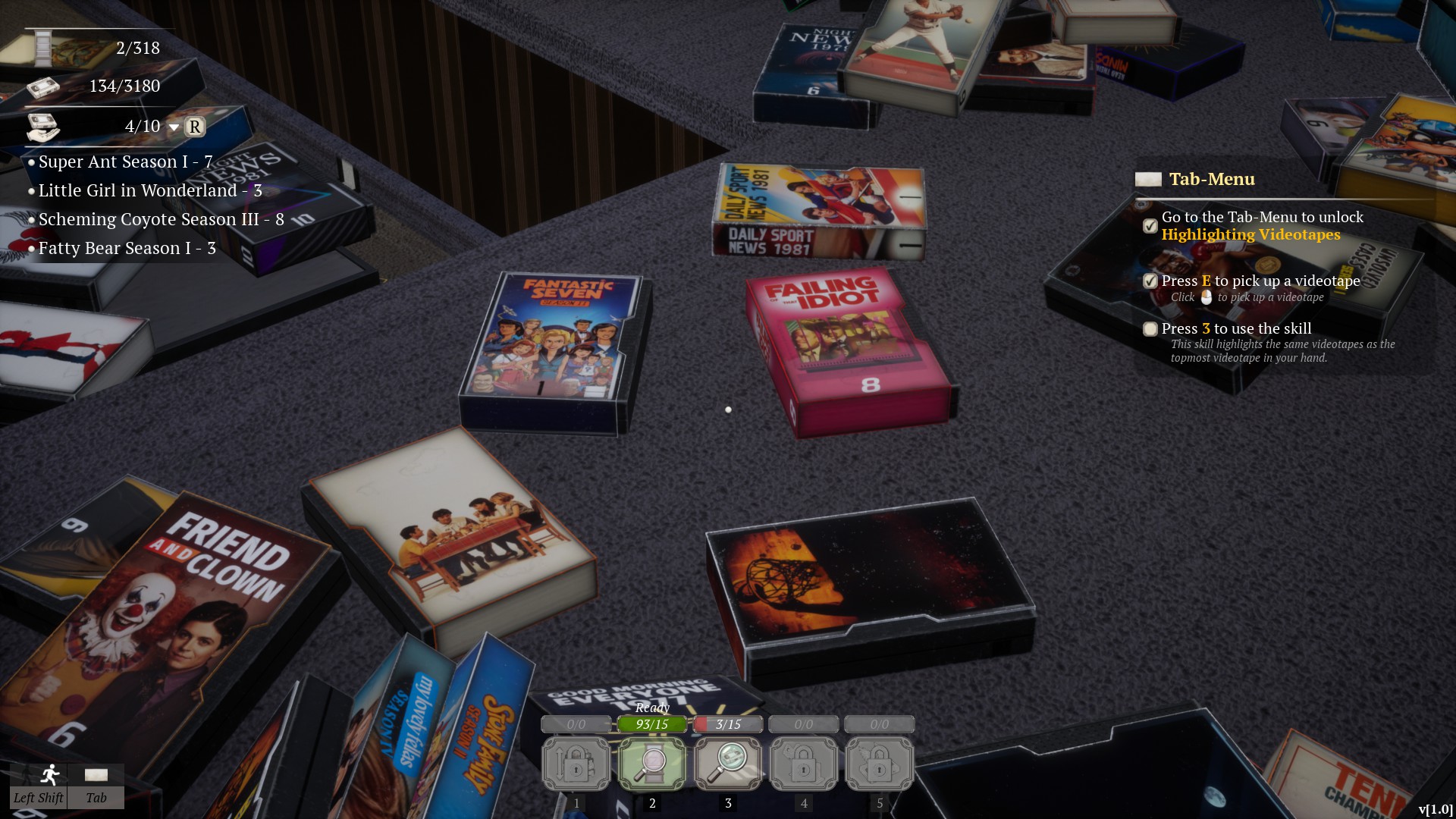 First-person game view shows scattered horror movie and comic cases on a dark carpet, with inventory icons and mission objectives overlaid.