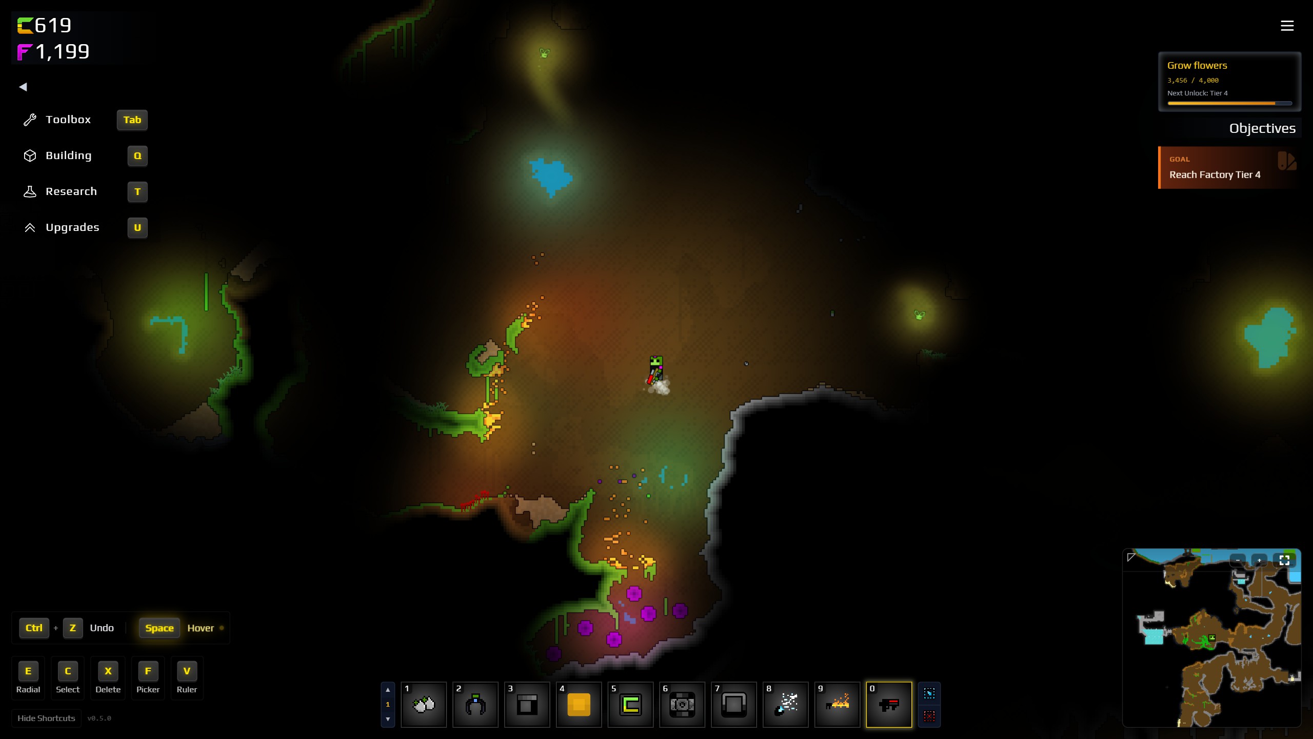 Top-down view of a character exploring a dark cave with colored flora and HUD showing resources, objectives, and control shortcuts.
