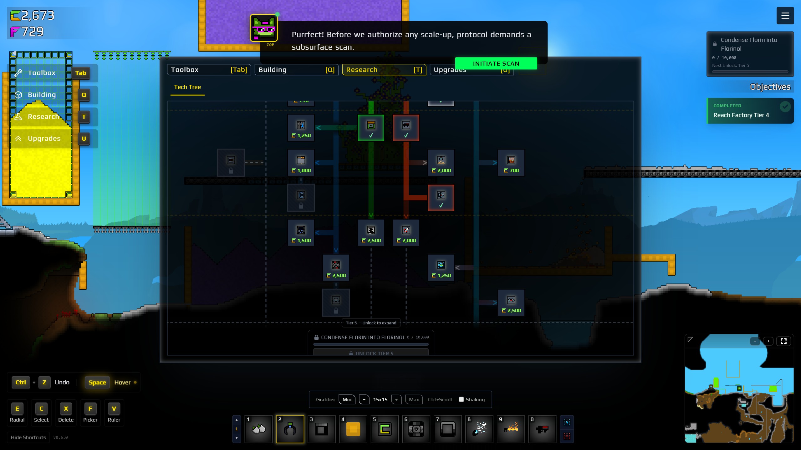 Screenshot of a game's tech tree interface showing research options, resources, objectives, and a prompt for a subsurface scan.