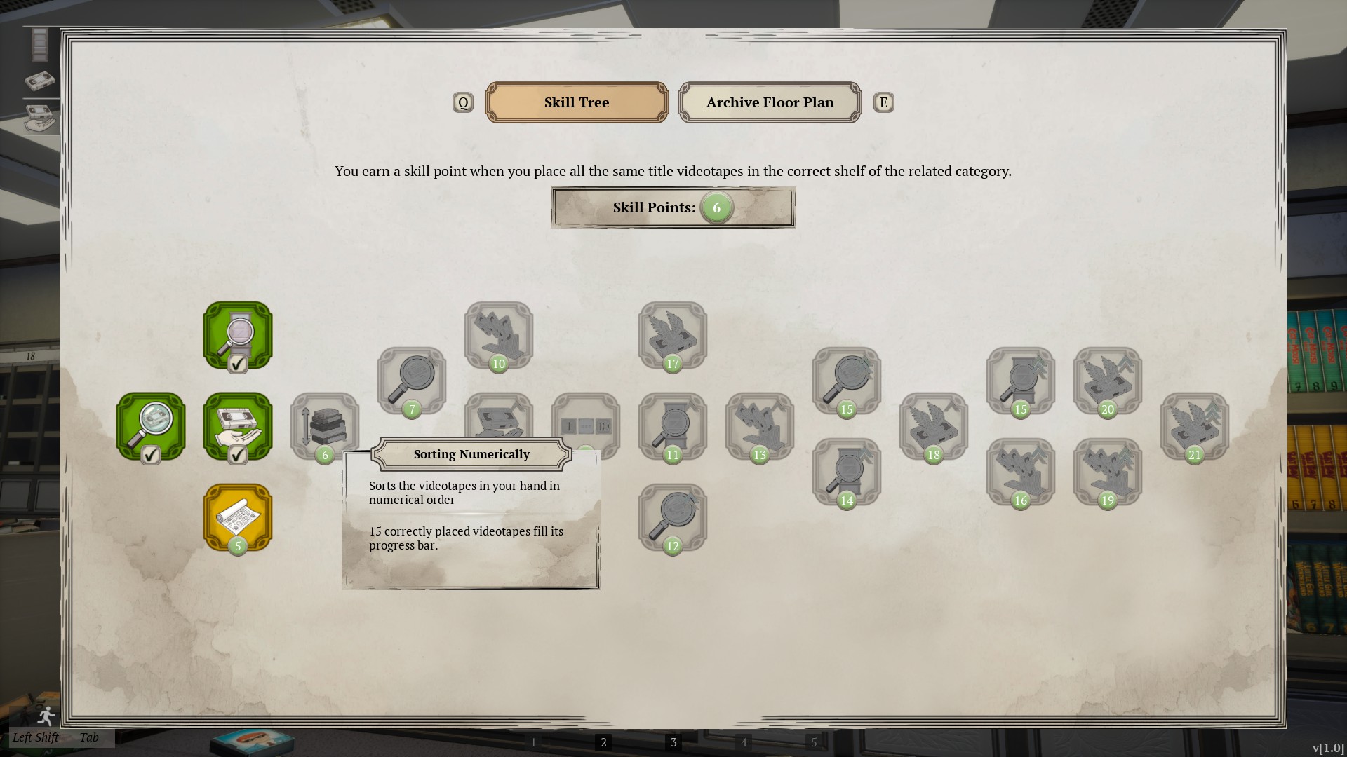 Video game skill tree screen showing branching gray and colored ability nodes, with a tooltip for “Sorting Normality” and progress points.