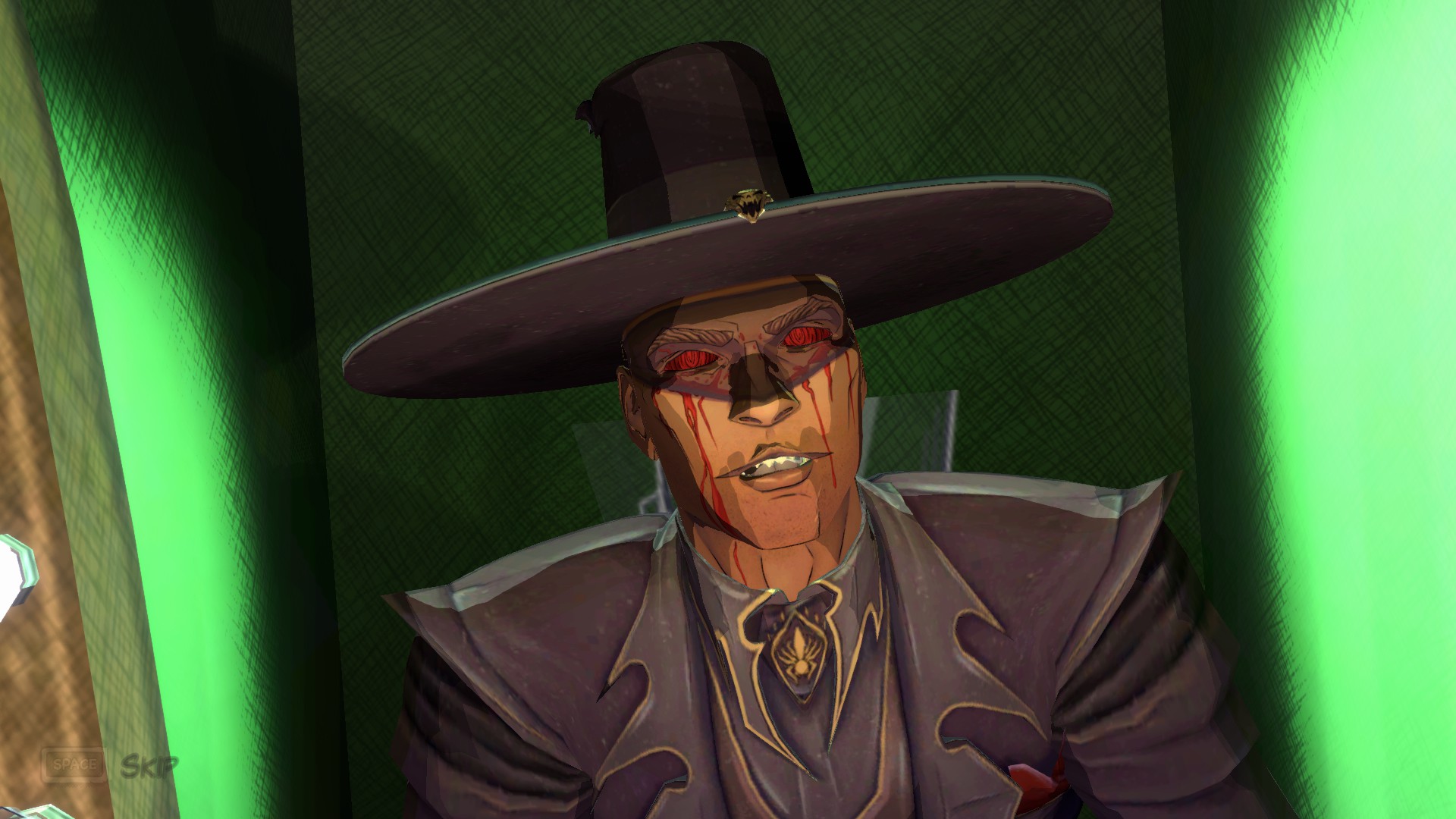 A man wearing a large hat that looks similar to that of a pilgrim. He has his upper part of his face carved off, and his eyes removed. 