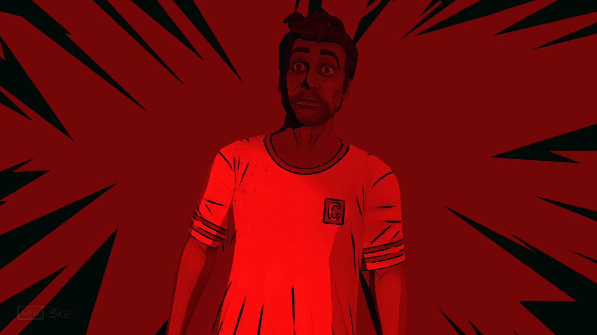 A red filter is over a man who is looking shocked and needs a shave. Black spikes are pointing towards him on the side of the screen.