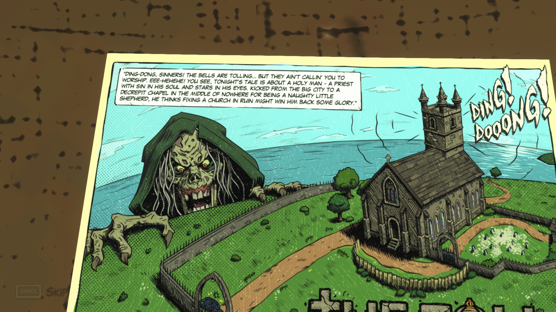 A man wearing a green hood is rising from a cliff side. His expression looks happy, although his face is rotting away. Nearby is a church.