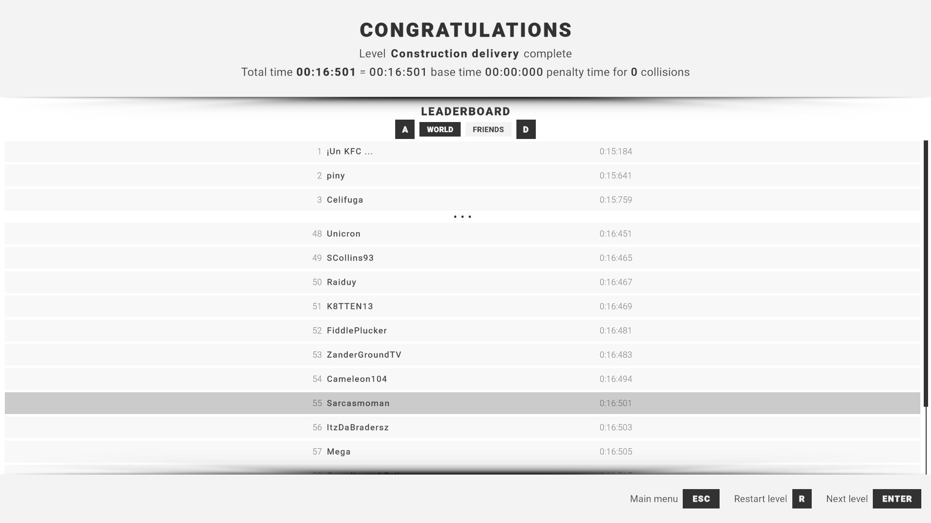 A leaderboard of times. The top time being 15.184 seconds and my time being 16.501 putting me in a respectable 55th position.