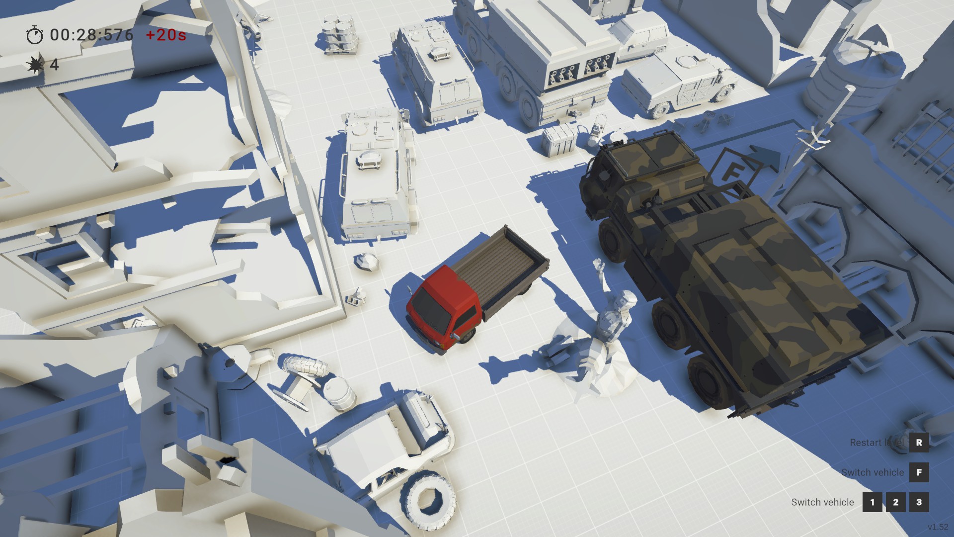 A street scene from a bird's eye view. The scenery is all painted white. Various objects block the way. cars, tyres, a statue, army vehicles. 2 vehicles are in colour, a mobile rocket launcher and a small flat bed truck.