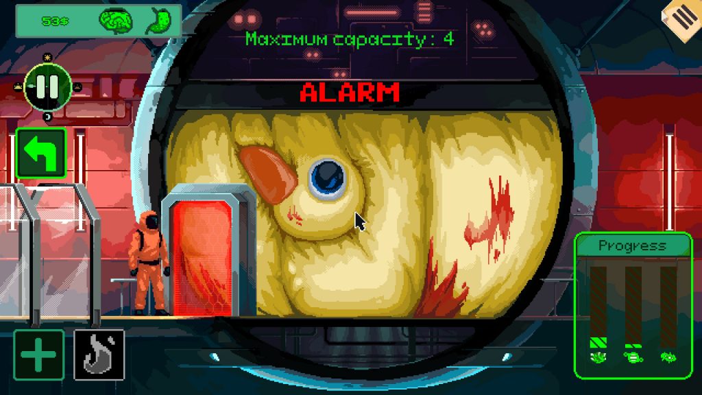 Pixel art game screenshot showing a character in orange suit near a large chicken in a containment chamber with "ALARM" and maximum capacity 4 warnings.