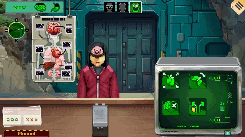 Pixel art game scene showing a character undergoing a brain and organ scan with medical icons and a body diagram on screens.
