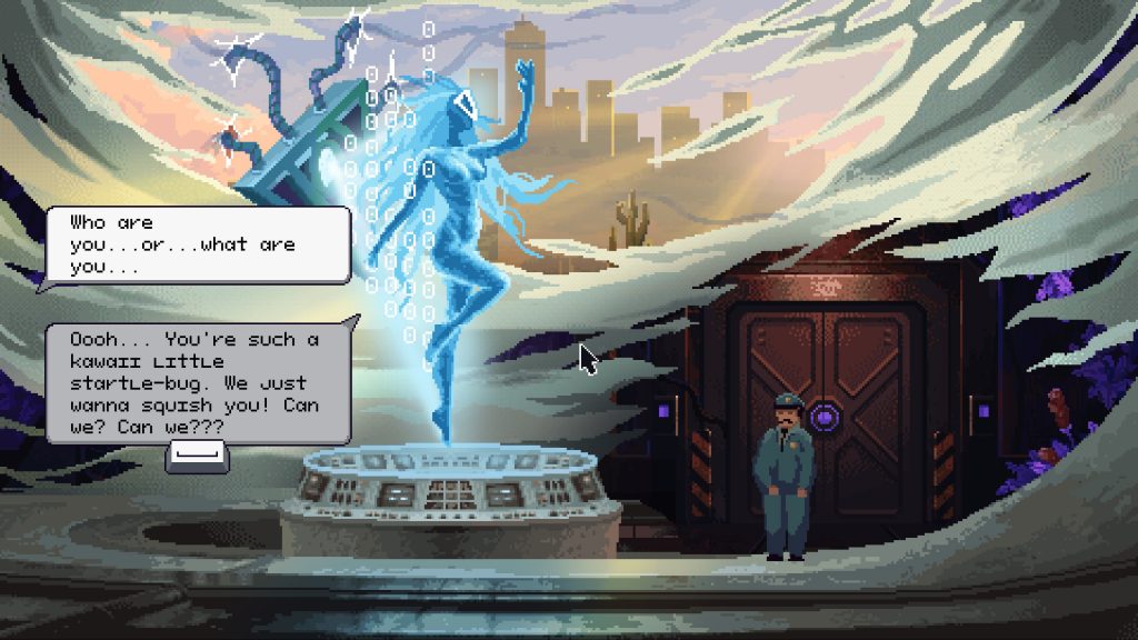 Pixel art scene of a glowing blue digital humanoid and a uniformed guard near a high-tech door in a futuristic, cloudy desert city.