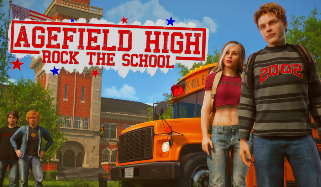 Two teenagers stand side by side in front of an American yellow school bus. The girl (left) has brunette hair with a white streak in her side parted hair, and wears a hot pink crop top and red lipstick. The boy (right) wears a grey and black striped sweatshirt that has "2002" in red across the chest. His hair is also slightly spiked upwards and a light brown. The red text looks like it's stamped on, and reads "Agefield High: Rock The School", with a red border around it.