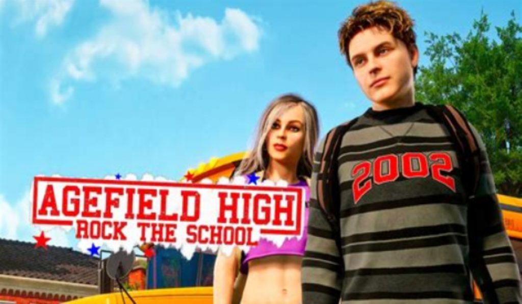 Two teenagers stand side by side in front of an American yellow school bus. The girl (left) has brunette hair with a white streak in her side parted hair, and wears a hot pink crop top and red lipstick. The boy (right) wears a grey and black striped sweatshirt that has "2002" in red across the chest. His hair is also slightly spiked upwards and a light brown. The red text looks like it's stamped on, and reads "Agefield High: Rock The School", with a red border around it.