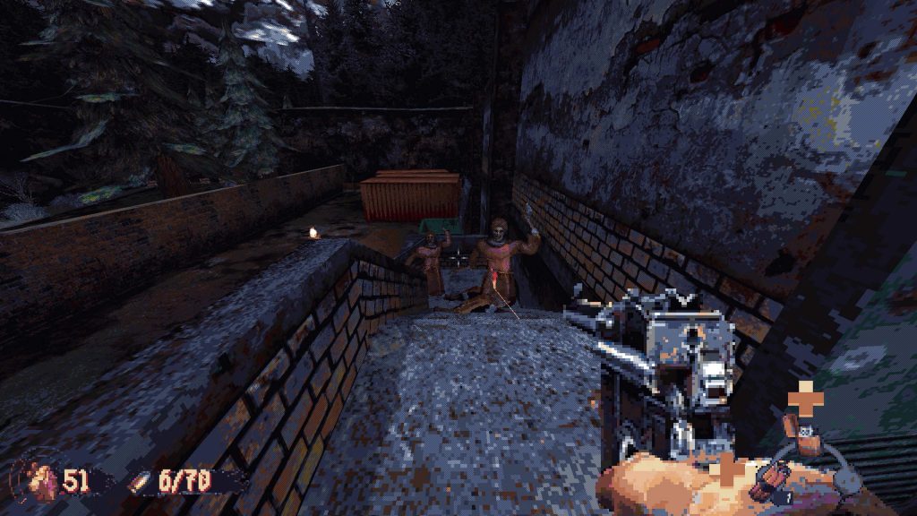 A close-up of a gun aimed in a dark, gritty tunnel, hinting at a tense confrontation with cult members. 
