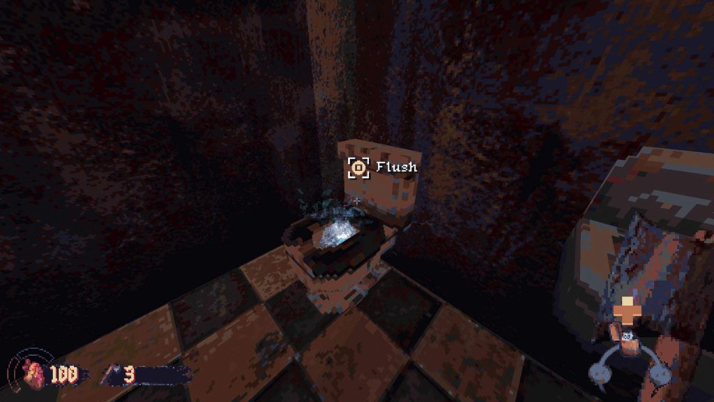 Pixelated video game scene showing a dirty toilet with the word “Flush” above it, set in a grimy bathroom with checkered floor tiles. Game interface is visible in the corners.