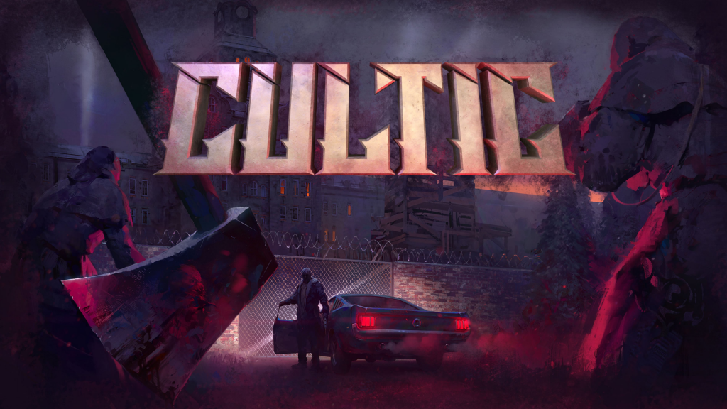 Dark, ominous scene with three figures, a car, and barbed wire fence under large, bold "CULTIC" text.