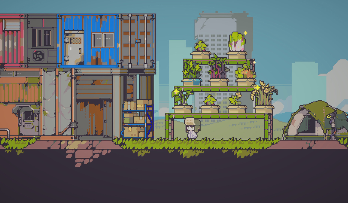 A pixel art scene of a post-apocalyptic makeshift village. Shipping containers are placed on top of each other as dwellings. Plants are stacked on shelves ready for harvesting. A young girl in a white coat stands in front of them.