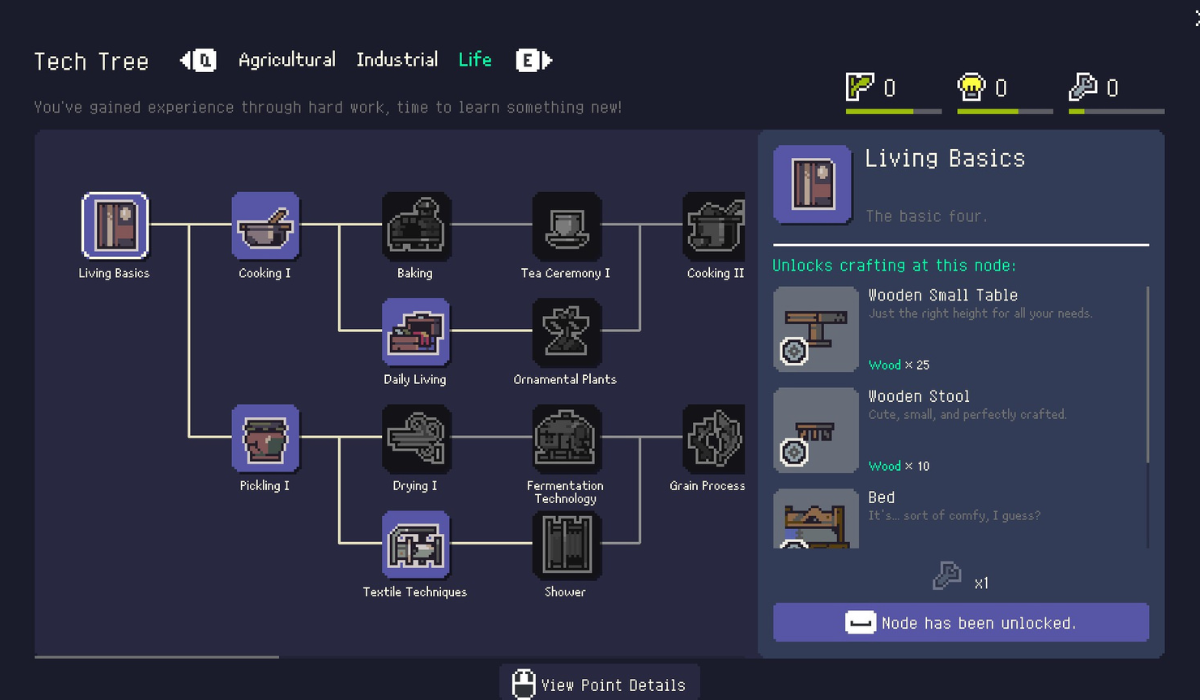 A pixel art scene depicting a talent tree where skill points can be spent. Skills are split into 3 categories: Agricultural, Industrial, and Life.