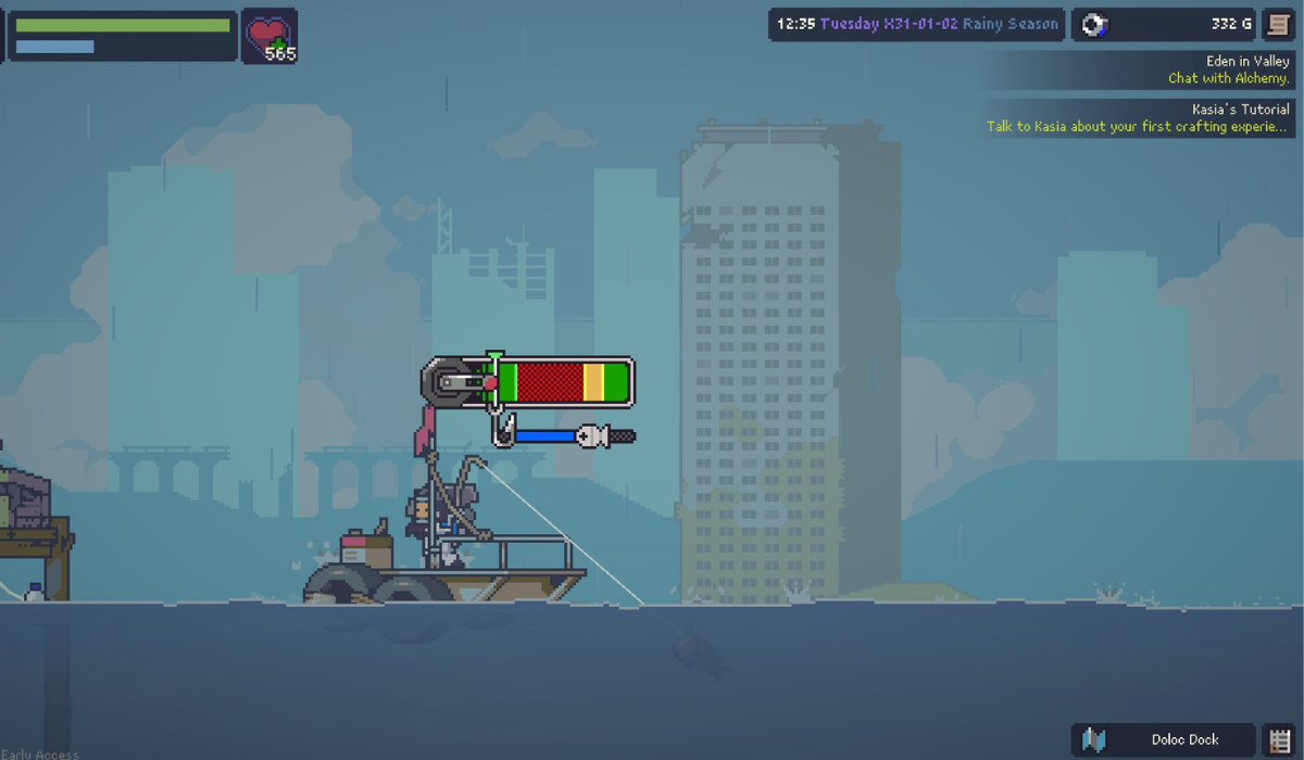 A pixel art scene depicting a young girl fishing from a makeshift boat. A multicoloured bar appears above her head signalling when she should reel the fish in.