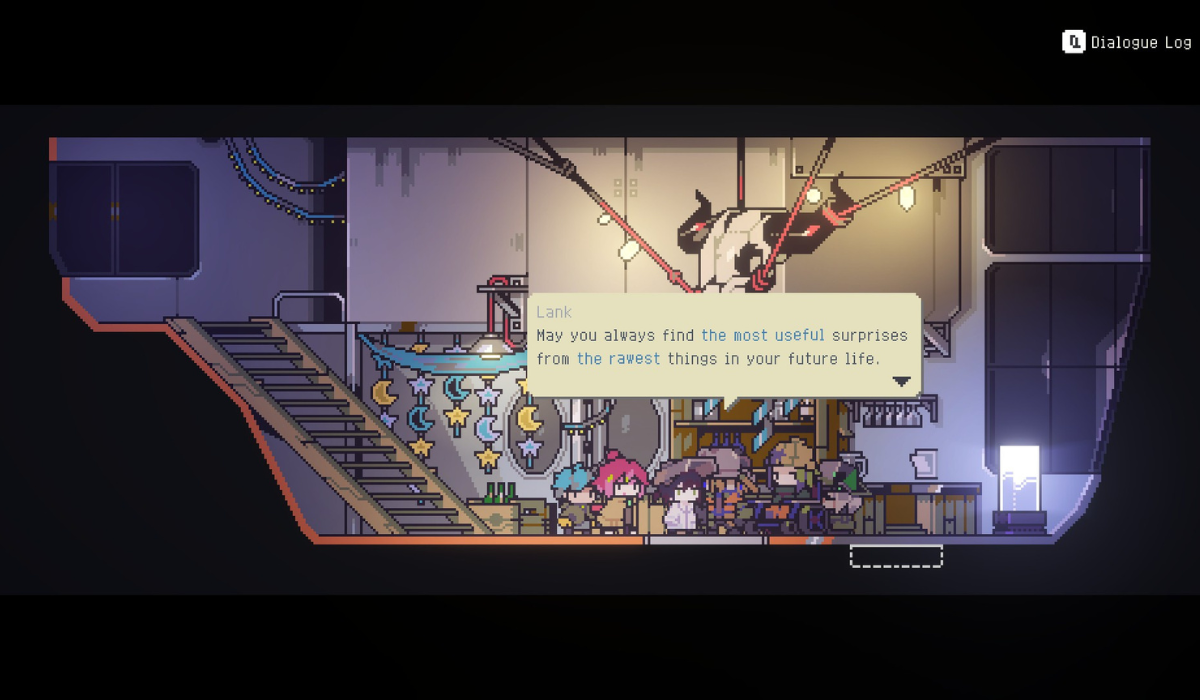 A pixel art scene depicting a birthday celebration inside a bar. Moon and stars decorations hang on the walls. People gather at the bar. A text bubble reads: May you always find the most useful surprises from the rawest things in your future life.