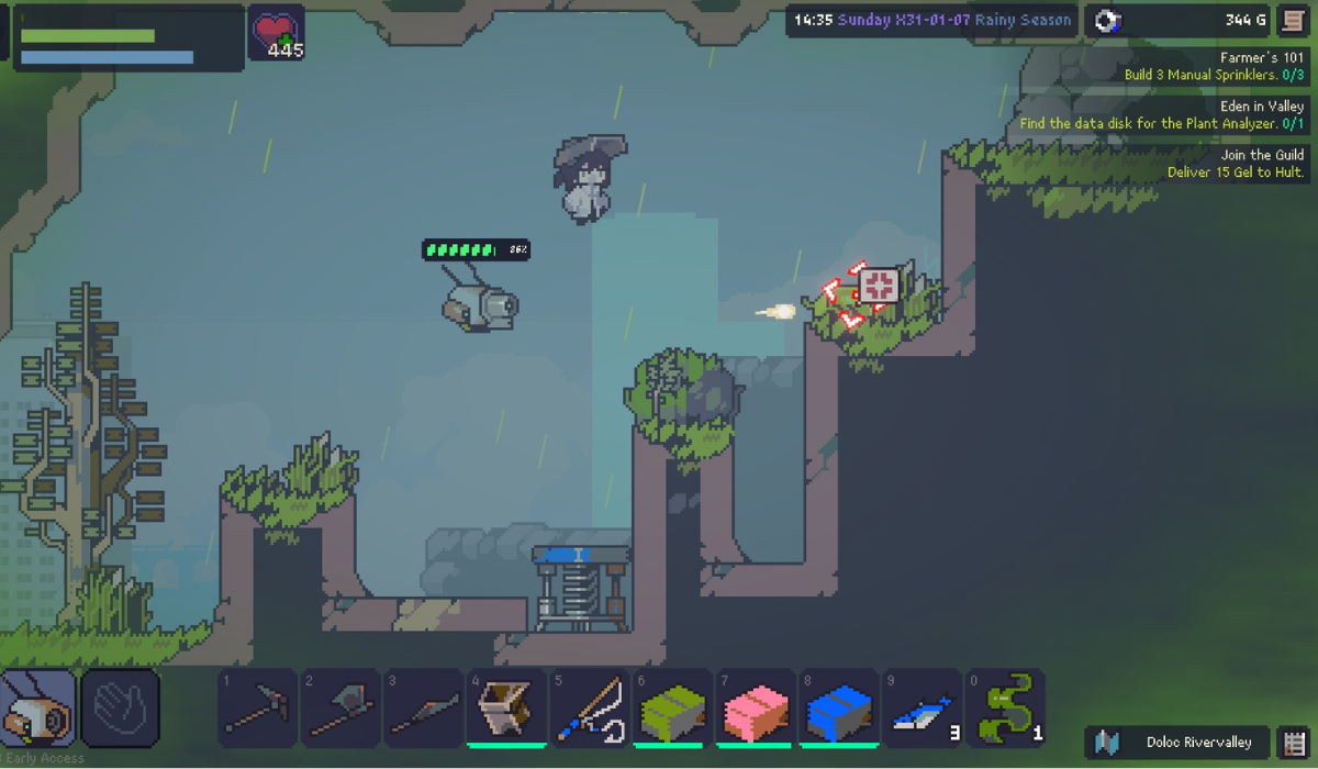 A pixel art scene depicting a rainy locale. A young girl bounces on a springboard while a hovering droid targets a red crosshair at an enemy hiding in the bushes.