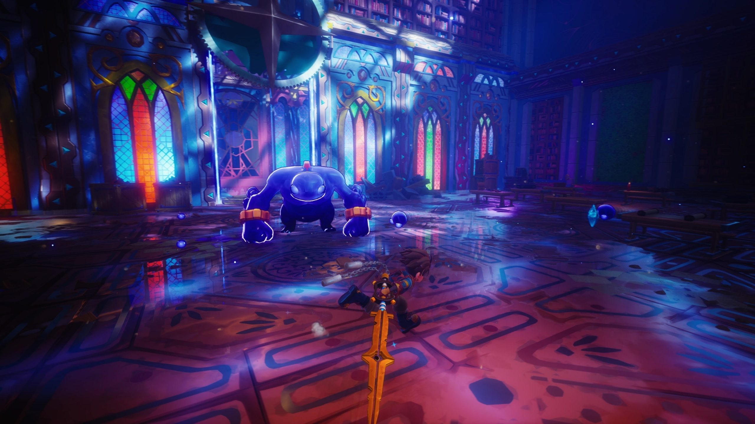 Zirian faces off against a large, ape-like enemy.