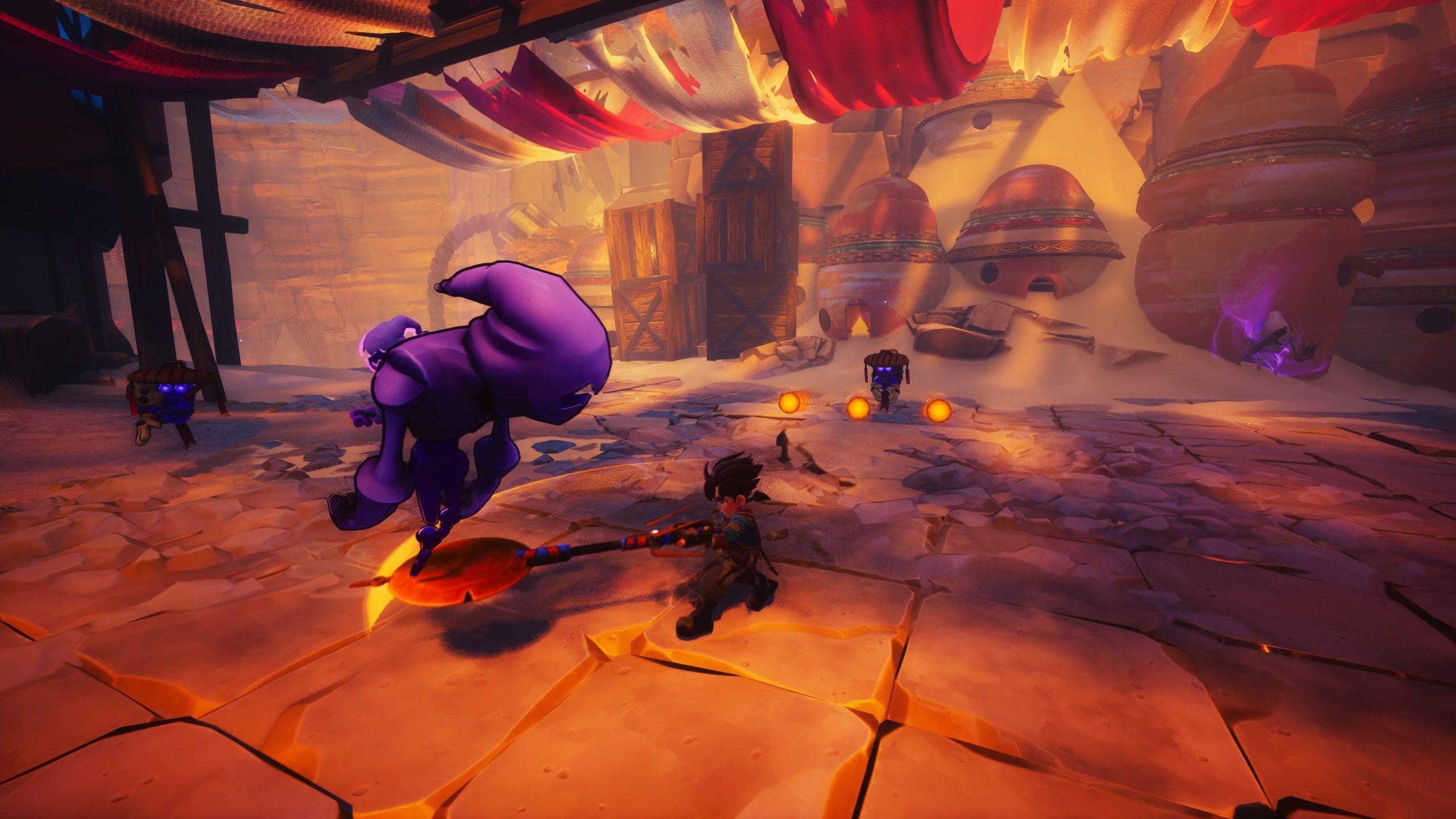 Main character Zirian, using a pendulum weapon to attack a floating enemy.