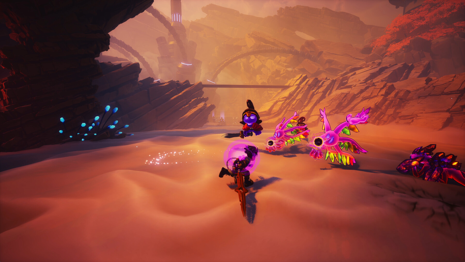 Zirian runs towards a group of enemies with his sword at the ready.