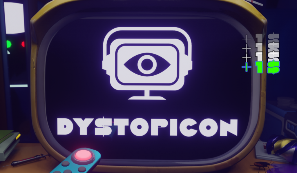 A TV screen displays a stylized eye inside a monitor icon above the word "DYSTOPICON" in bold letters; a remote control is visible in the foreground.