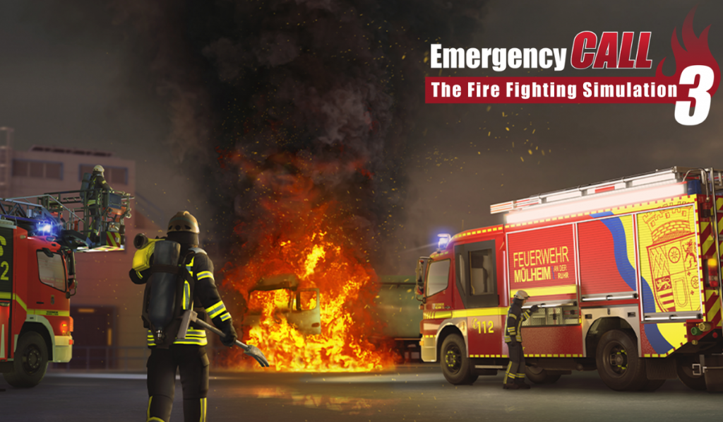 This image shows "Emergency Call: The Fire Fighting Simulation 3" to the upper right of the image. In the forefront of the image is a fire engine, with a fire fighter standing in the middle looking at a fire.