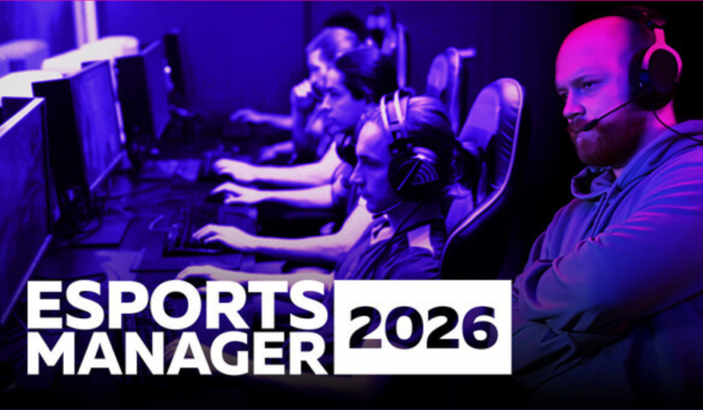 A group of people in a strangely purple light are playing on PCs. They are being overseen by a bearded man. The words Esports Manager 2026 are written at the bottom of the screen