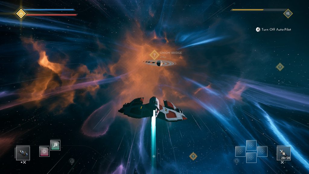 A sleek spaceship flies through a vivid blue, orange, and purple nebula, leaving glowing engine trails as a futuristic game HUD frames the action.