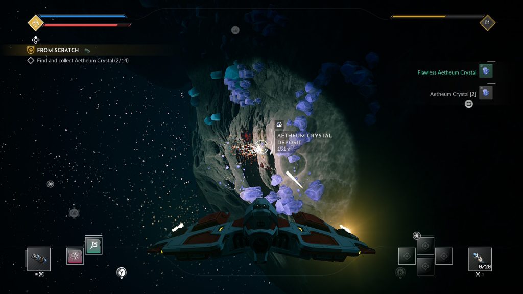 Futuristic spacecraft flies through a dark cavern filled with glowing purple crystals; a game HUD tracks an Aetherium Crystal mission.