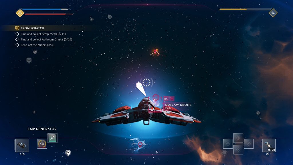 Game screenshot of a red-and-white starfighter battling a hostile drone in space, with mission objectives and HUD controls visible.