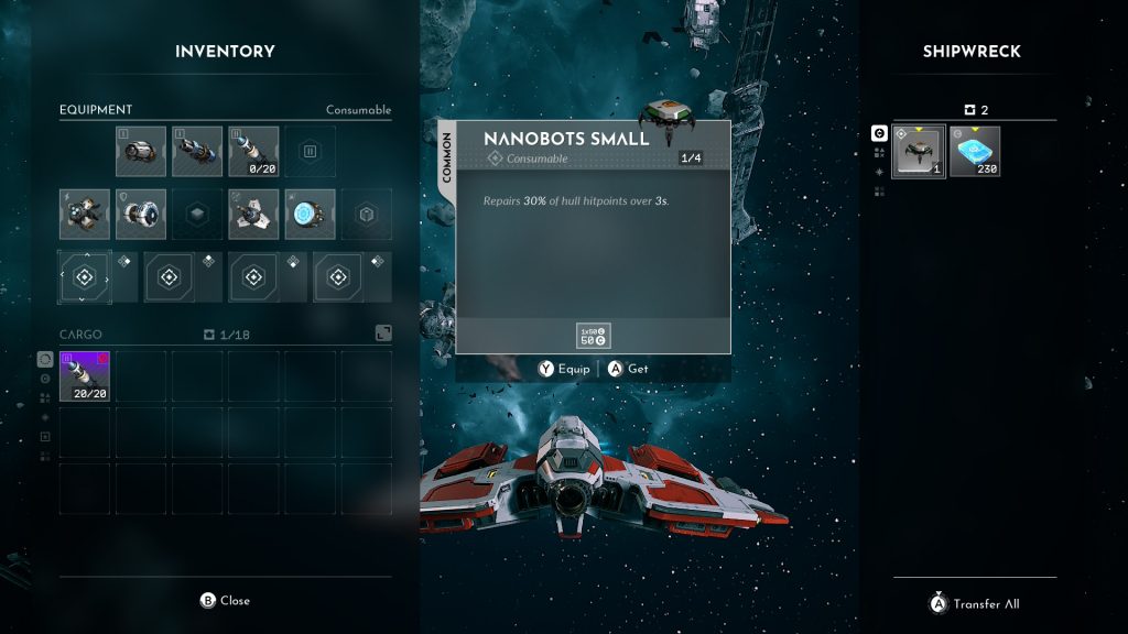 Game inventory screen shows a red-and-white spaceship in space, with a Nanobots Swarm item highlighted between inventory and shipwreck menus.